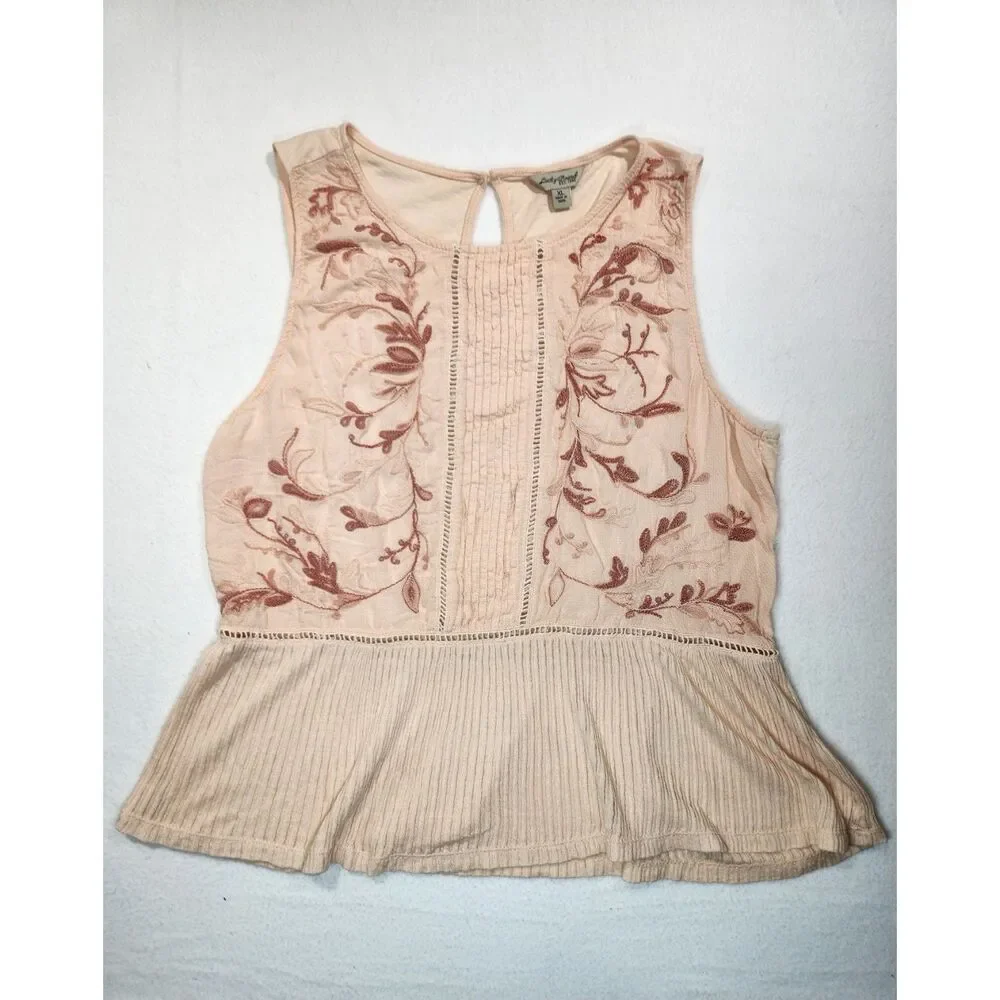 Lucky Brand Embroidered Peplum Tank Top Blush Pink Boho Pintuck Sleeveless XL